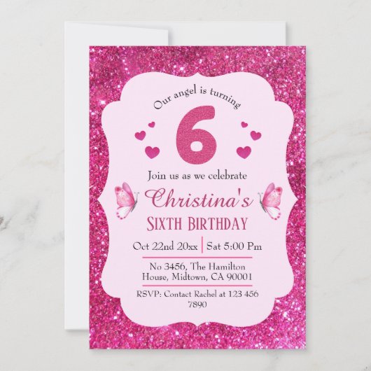 ピンクグリッター鮮やか可愛いきらめく6歳の誕生日 招待状 (正面)