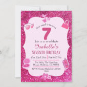 ピンクグリッター鮮やか可愛いきらめく7歳の誕生日 招待状 (正面)
