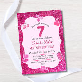 ピンクグリッター鮮やか可愛いきらめく7歳の誕生日 招待状