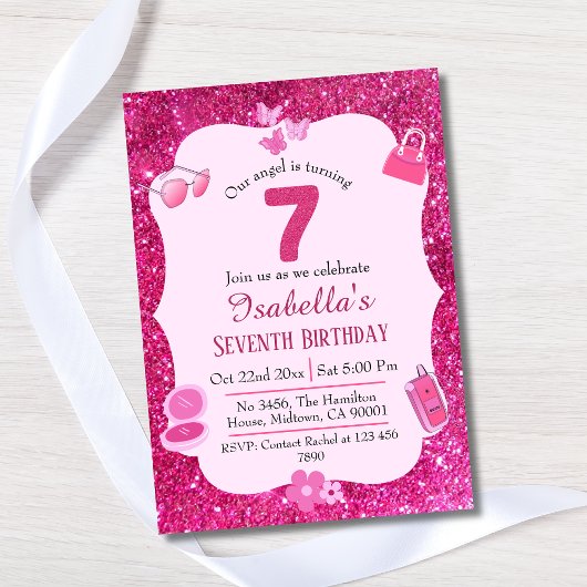 ピンクグリッター鮮やか可愛いきらめく7歳の誕生日 招待状