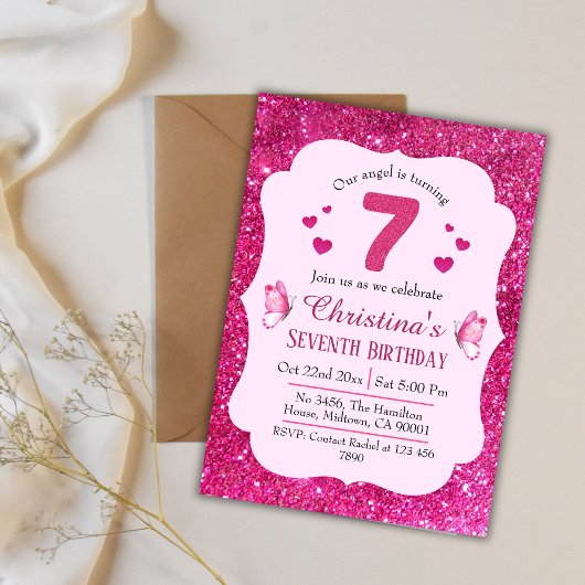 ピンクグリッター鮮やか可愛いきらめく7歳の誕生日 招待状
