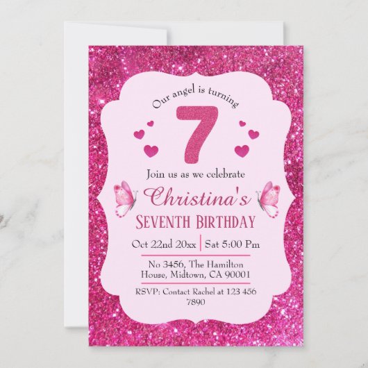 ピンクグリッター鮮やか可愛いきらめく7歳の誕生日 招待状 (正面)