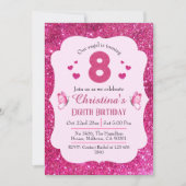 ピンクグリッター鮮やか可愛いきらめく8歳の誕生日 招待状 (正面)