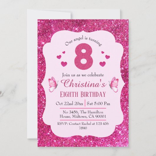 ピンクグリッター鮮やか可愛いきらめく8歳の誕生日 招待状 (正面)