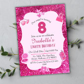 ピンクグリッター鮮やか可愛いきらめく8歳の誕生日 招待状
