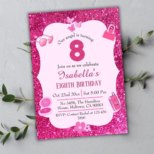 ピンクグリッター鮮やか可愛いきらめく8歳の誕生日 招待状