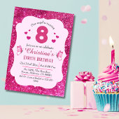 ピンクグリッター鮮やか可愛いきらめく8歳の誕生日 招待状