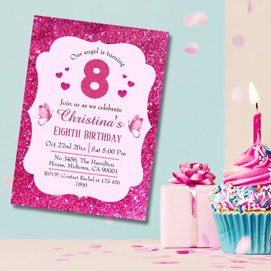ピンクグリッター鮮やか可愛いきらめく8歳の誕生日 招待状