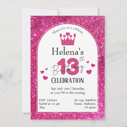 ピンクグリッター鮮やか13きらめく歳かわいい 招待状 (正面)