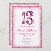 ピンクグリッター13番目の誕生日招待状 招待状 (正面/裏面)