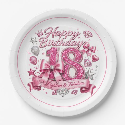 ピンクグリッター18歳の誕生日 ペーパープレート (正面)