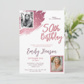 ピンクグリッター2フォトサプライズ50誕生日 招待状 (スタンド正面)