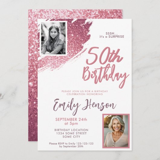 ピンクグリッター2フォトサプライズ50誕生日 招待状 (正面/裏面)