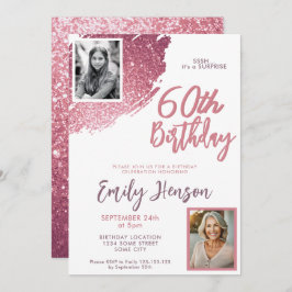 ピンクグリッター2フォトサプライズ60誕生日 招待状