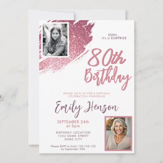 ピンクグリッター2フォトサプライズ80誕生日 招待状 (正面)