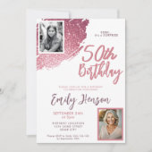 ピンクグリッター2枚の写真サプライズ50歳の誕生日 招待状 (正面)