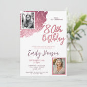 ピンクグリッター2枚の写真サプライズ 80歳の誕生日 招待状 (スタンド正面)