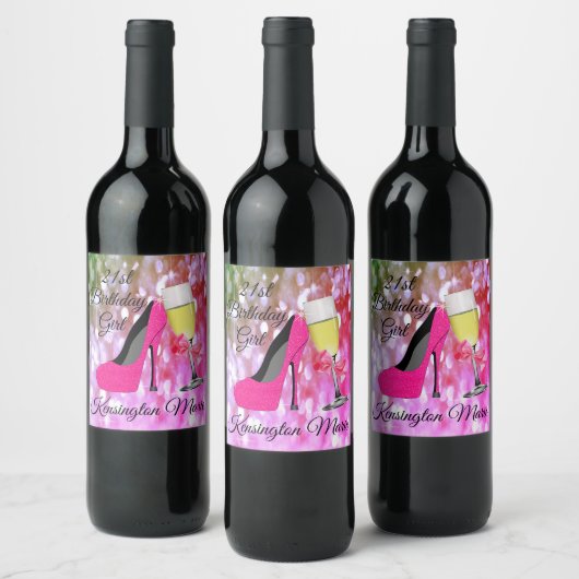 ピンクグリッター21thバースデーガールワきらめくインまたは ワインラベル (ボトル)