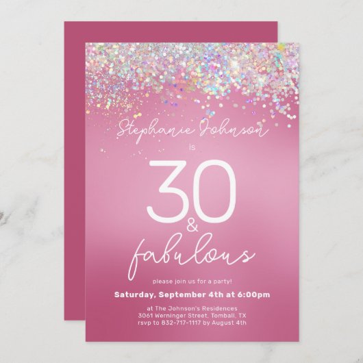 ピンクグリッター30歳と素晴らしい30歳の誕生日パーティー 招待状 (正面/裏面)