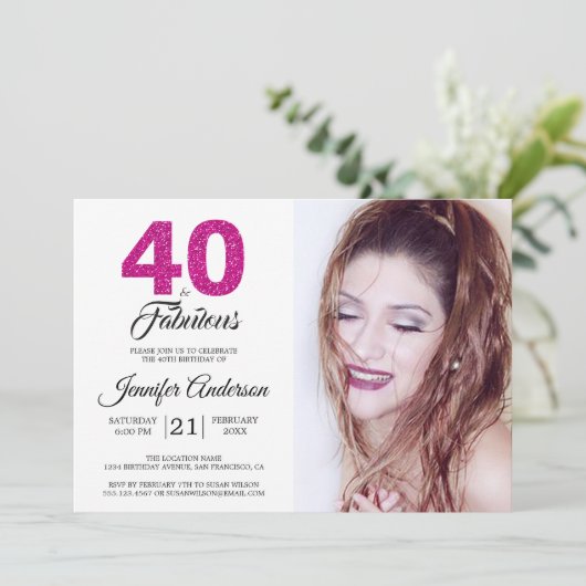 ピンクグリッター40歳と素敵な40歳の誕生日の写真 招待状 (スタンド正面)
