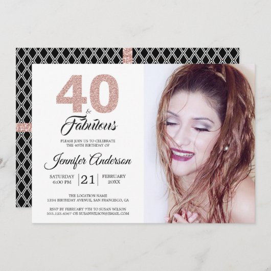 ピンクグリッター40歳と素敵な40歳の誕生日の写真 招待状 (正面/裏面)