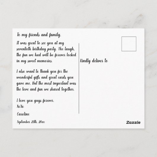 ピンクグリッター70誕生日ありがとう ポストカード (裏面)