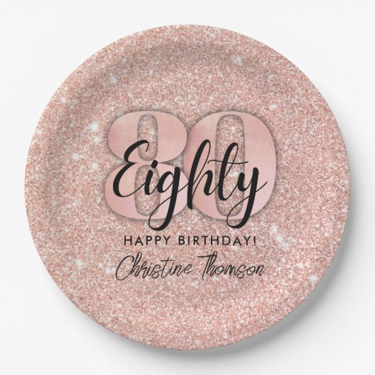 ピンクグリッター'80th誕生日紙プレート ペーパープレート (正面)
