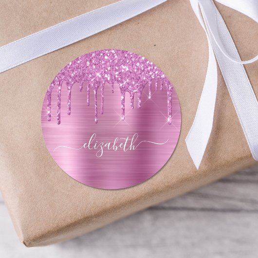 ピンクグリッター パーソナライズされた ラウンドシール