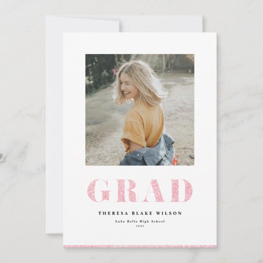 ピンクグリッター ボールド GRAD タイポグラフィー 卒業写真 案内状 (正面)