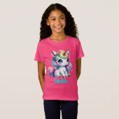 ピンクグリッター ユニコーン 魔法の星 女の子の誕生日 Tシャツ (正面フル)