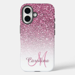 ピンクグリッター、名前とモノグラムガーリー、 iPhone 16ケース
