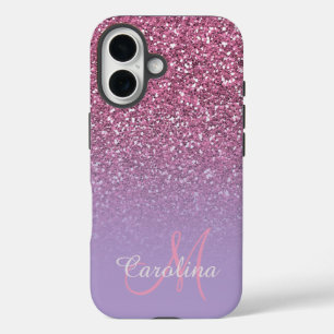 ピンクグリッター、名前とモノグラムガーリー、 iPhone 16ケース