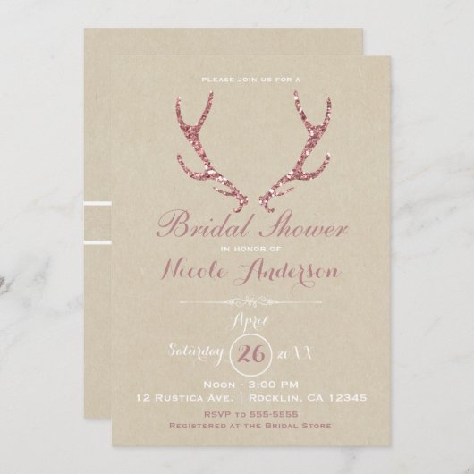 ピンクグリッター〔雄ジカの〕枝角素朴クラフトブライダルシャワー 招待状 (正面/裏面)