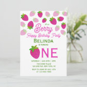 ピンクグリッター Y2K スターベリー 1歳の誕生日 招待状 (スタンド正面)