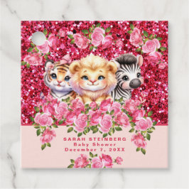 ピンクグリッターGIrlの赤ちゃんシャワー野生動物 フェイバータグ