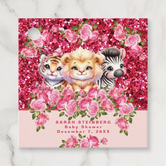 ピンクグリッターGIrlの赤ちゃんシャワー野生動物 フェイバータグ (正面)