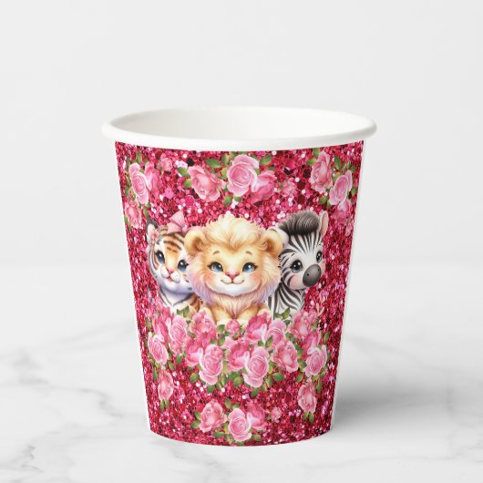 ピンクグリッターGIrlの赤ちゃんシャワー野生動物 紙コップ (正面)