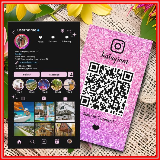 ピンクグリッターInstagram LUXURY QRコード 名刺
