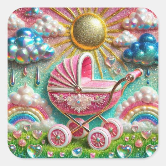 ピンクグリッターPram & Rainbowsベビーシャワー スクエアシール (正面)