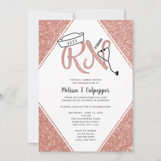 ピンクグリッターRN卒業パーティーまたはピン留め招待状 招待状 (正面)