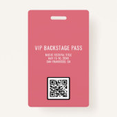 ピンクグリッターVIPバックステージパスとQRコードID バッジ (裏面)
