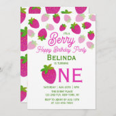 ピンクグリッターY2Kいちご1st誕生日 招待状 (正面/裏面)