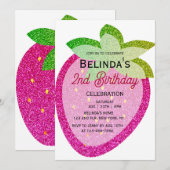 ピンクグリッターY2Kいちご2歳誕生日 招待状 (正面/裏面)