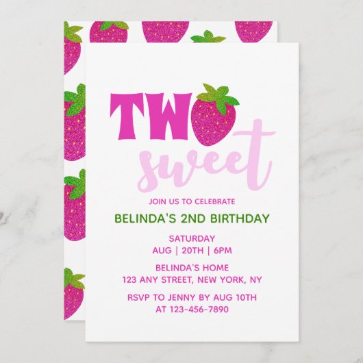 ピンクグリッターY2Kストロベリーツスウィート2歳 招待状 (正面/裏面)