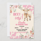 ピンクグリーナリーハイランドカウファームガール誕生日 招待状 (正面)