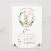 ピンクグリーンあるバニーが1歳の誕生日を迎える 招待状 (正面/裏面)