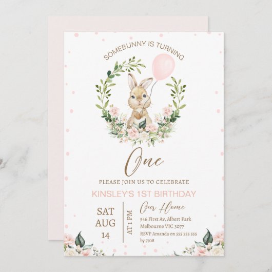 ピンクグリーンあるバニーが1歳の誕生日を迎える 招待状 (正面/裏面)