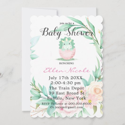 ピンクグリーンかわいい恐竜の牡丹の赤ちゃんシャワー招待状 招待状 (正面)