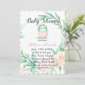 ピンクグリーンかわいい恐竜の牡丹の赤ちゃんシャワー招待状 招待状 (スタンド正面)