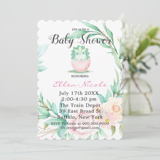 ピンクグリーンかわいい恐竜の牡丹の赤ちゃんシャワー招待状 招待状 (スタンド正面)